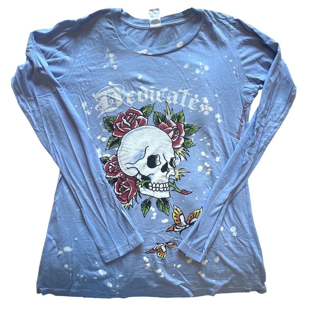 Vintage Y2K Ed Hardy‎ Christian Audigier Skull Long Sleeve Tee Blue Large USA